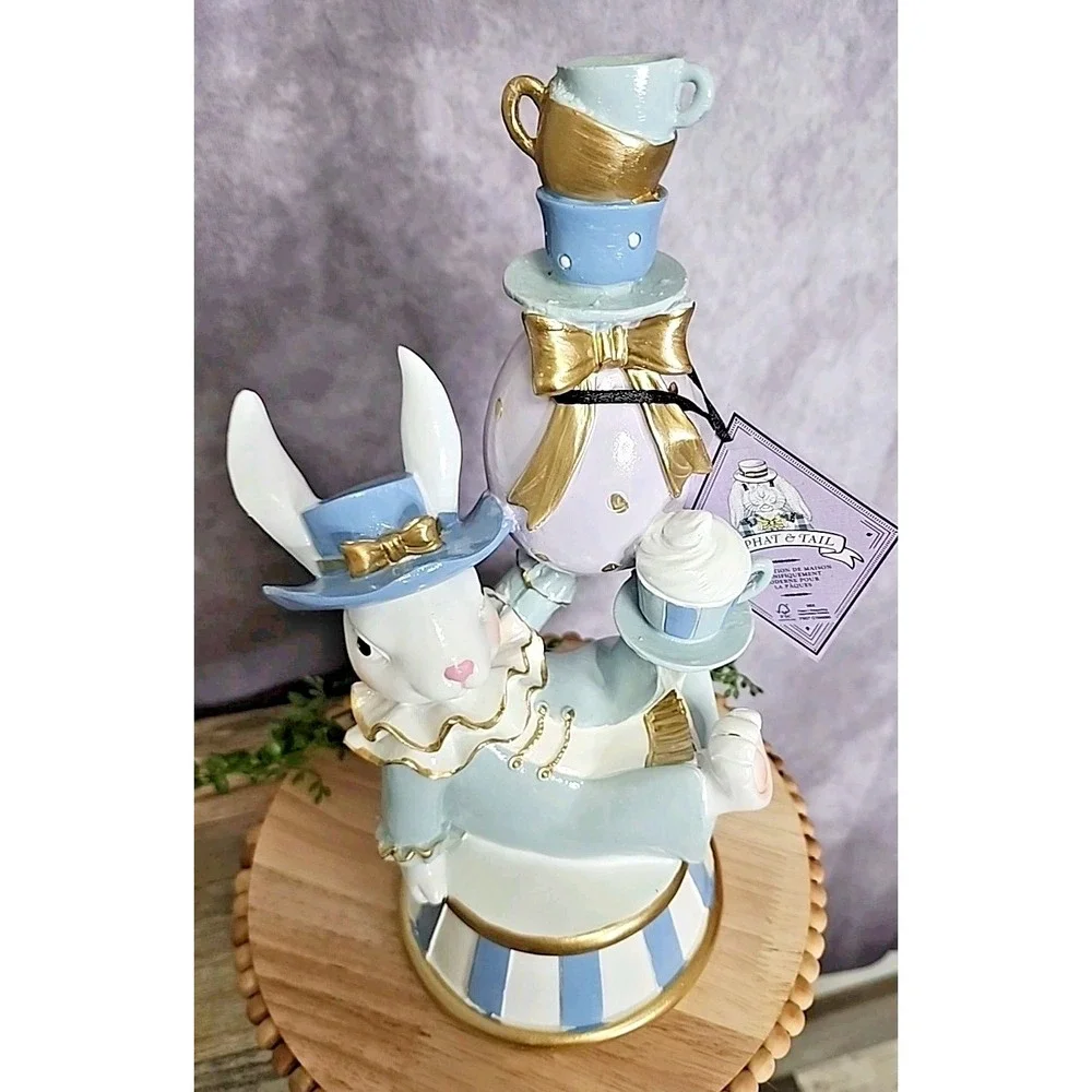 Easter Spring Blue Pastel Mad Hatter Bunny Rabbit Balancing Teacups Figurine 12